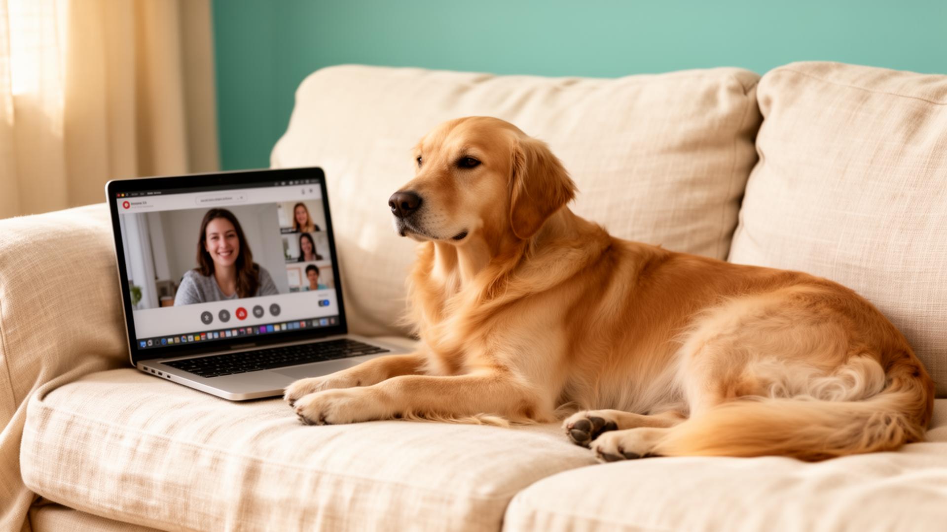 Golden retriever next to a laptop showing a vet video call